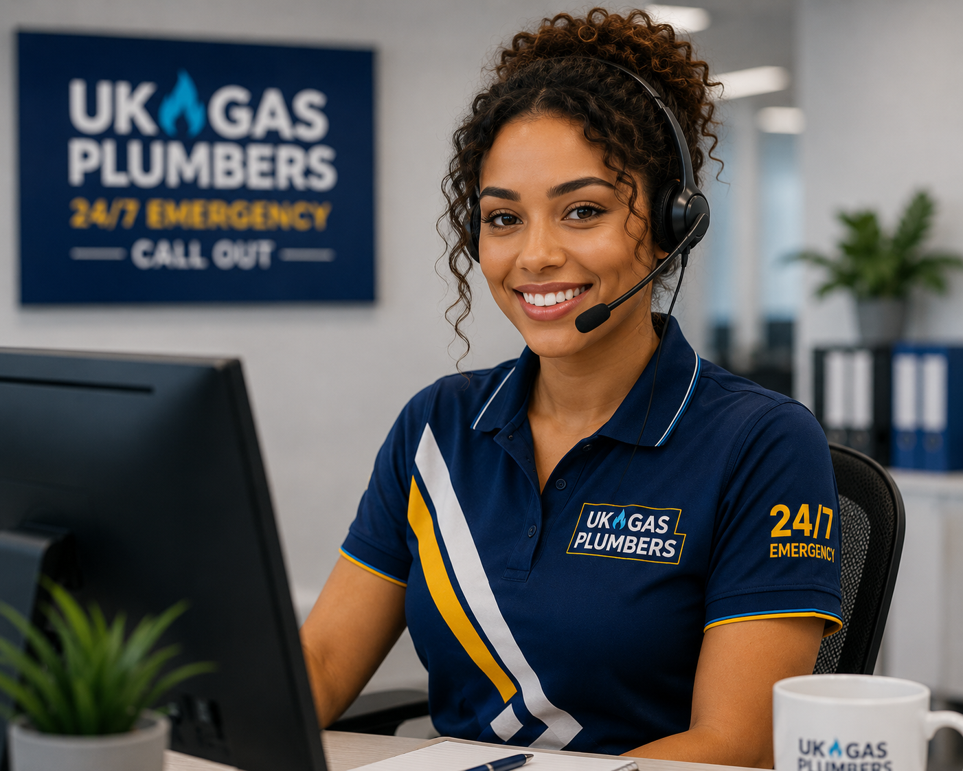 HIU Service customer service agent wearing branded navy and yellow polo with headset, 24/7 emergency call out support